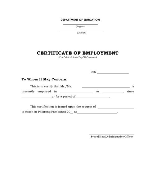 sample certificate employment template