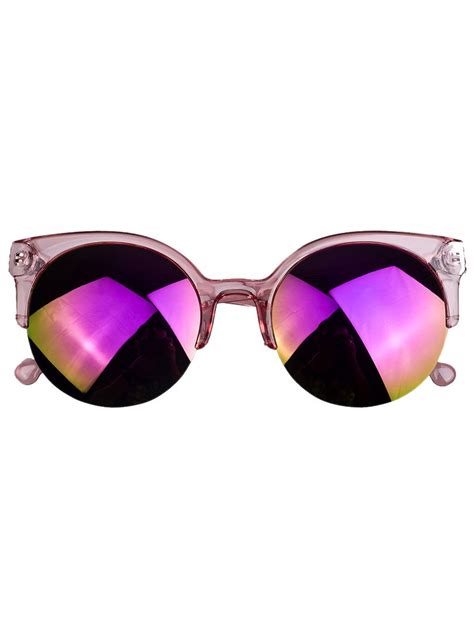 Purple Half Frame Round Sunglasses With Mirror Lens