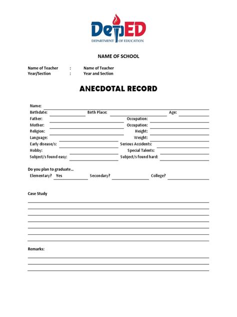 sample anecdotal record template