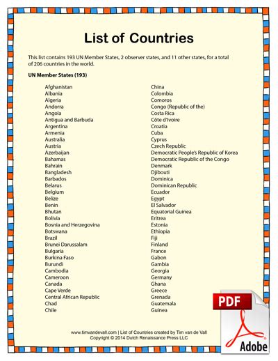 list  countries  tims printables