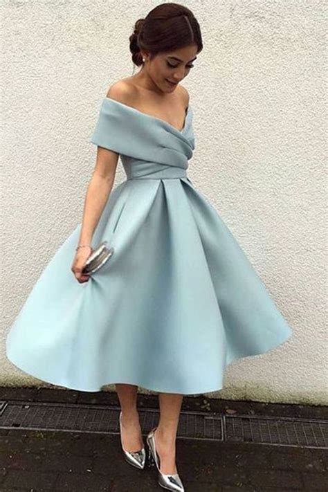 light blue chiffon  shoulder   knee length dress formal dress