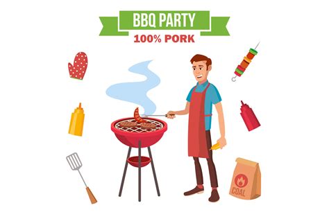 bbq grill meat cooking vector man cooking meat outdoor rest cartoon character illustration