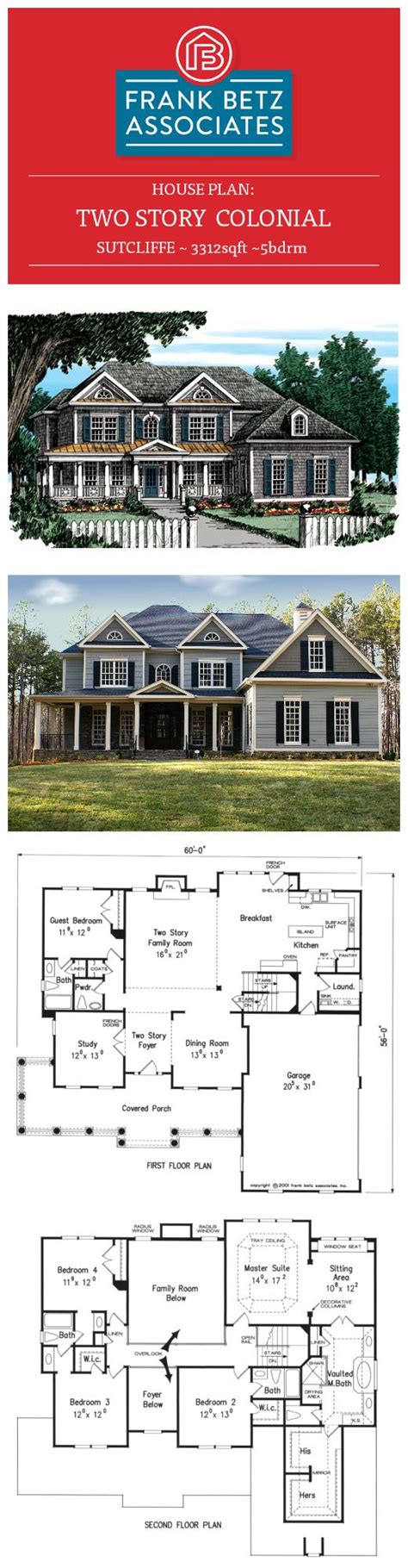 sutcliffe sqftbdrm  story colonial house plan  frank betz associates  colonial