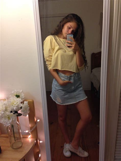 yellow mirror selfie fairy lights white flowers aesthetic cute outfits jean skirt cute girl