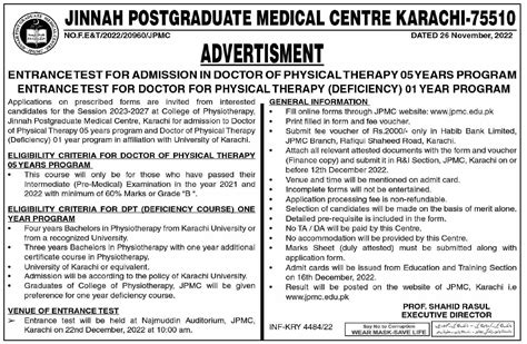 Jinnah Postgraduate Medical Centre Karachi Dpt Admissions 2022 2024