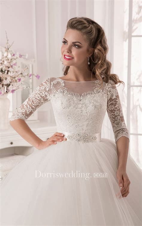 Ball Gown Laceandtulle Long Sleeve Dress With Crystal Detailing Ball
