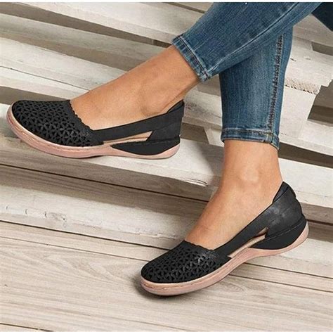 evr womens closed toe sandals soft leather flat casual shoes breathable hollow  walking