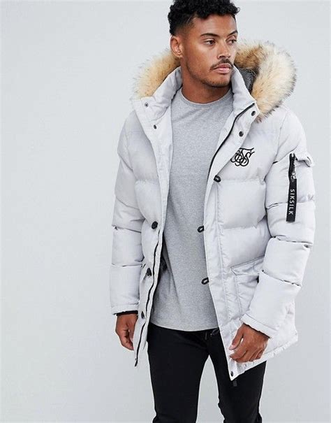 siksilk parka jacket  fur hood  gray jackets men fashion mens outfits white jacket outfit
