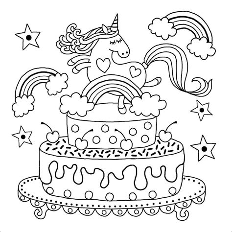 unicorn birthday cute cake coloring pages draw