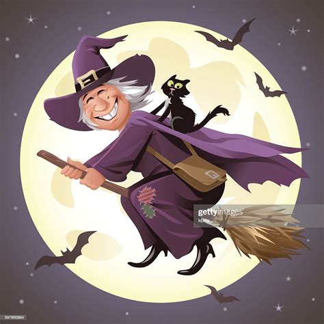 Witch Flying On A Broom In Front Of Full Moon High Res Vector Graphic