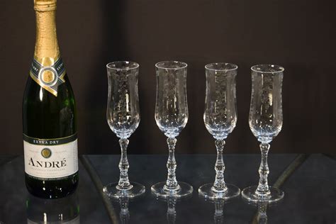 vintage needle etched crystal champagne flutes glasses set etsy