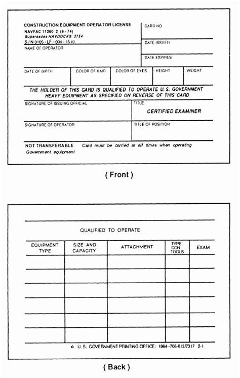 equipment operator certification card template