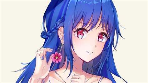 Pink Eyes Blue Hair Anime Girl With Flower Earring Hd Anime Girl