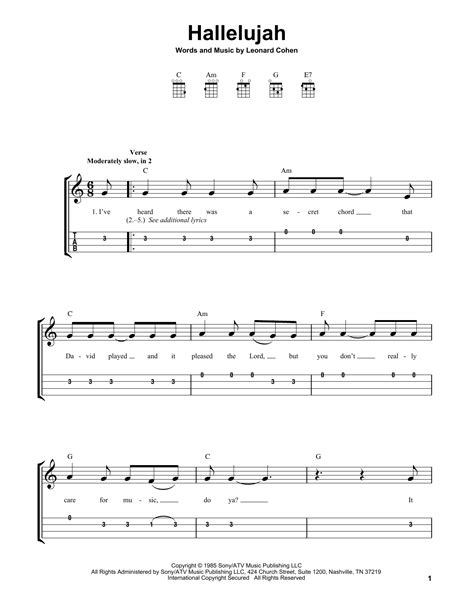 hallelujah easy ukulele tab print sheet