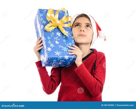 thoughtful kid  christmas present   stock image image  smile claus