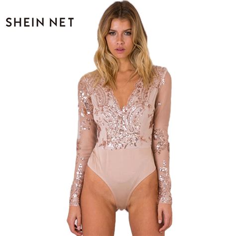 sheinnet 2017 new pink sequin bodysuit women sheer sexy women bodysuit