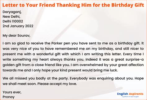 letter   friend thanking    birthday gift  examples