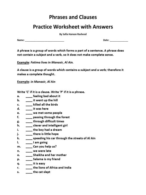 phrases  clauses practice worksheet