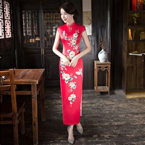 2018 red cheongsam long qipao dress traditional chinese dresses summer
