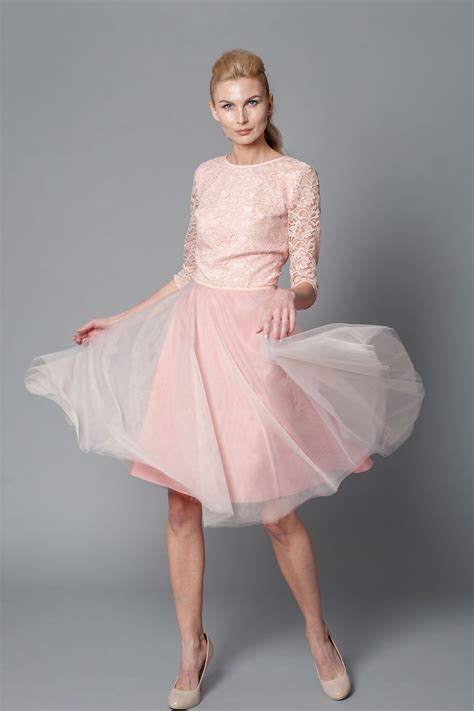 blush pink midi short lace overlay dress   length sleeve le parole