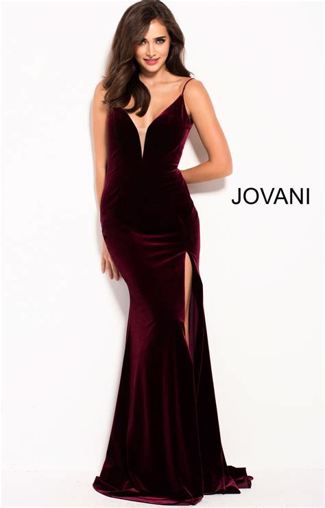 jovani 57898 v neckline high slit fitted velvet dress