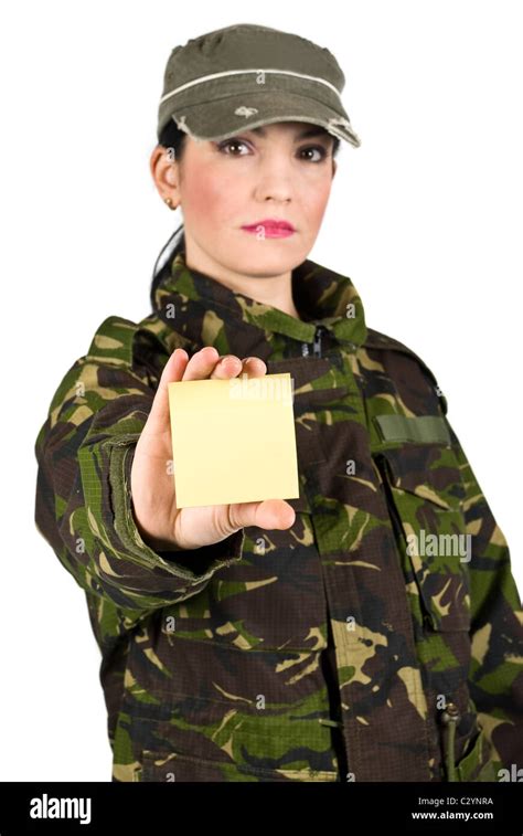 army soldier female holding  blank yellow post  note stock photo alamy
