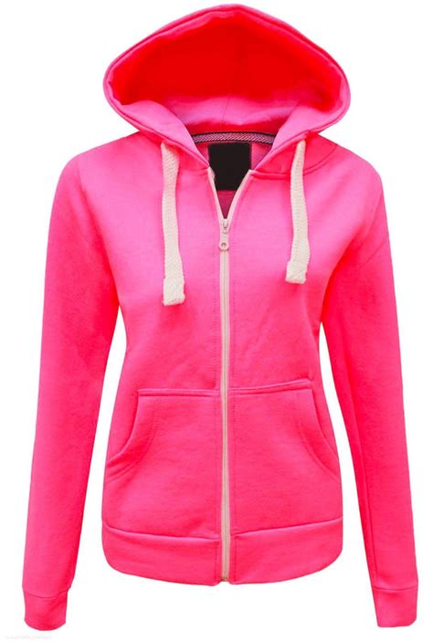 womens ladies plain colour malaika hoodie sweatshirt zipper neon pink