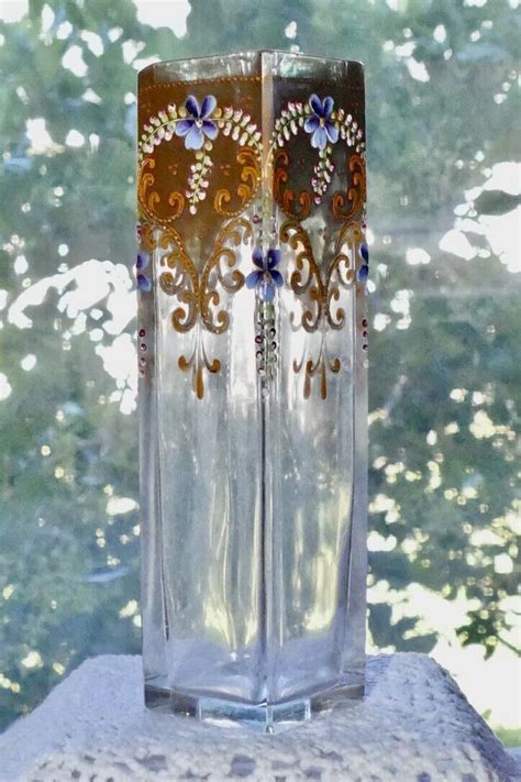 Antique Moser Signed Carlsbad Moser Clear Glass Raised Enamelled Vase