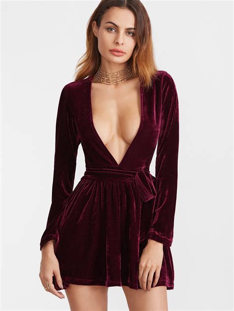 Burgundy Deep V Neck Velvet Dress With Belt Shein Sheinside