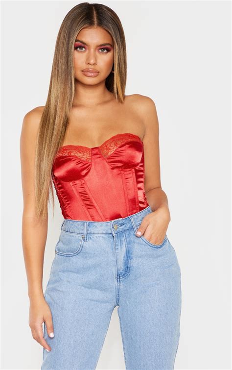 red lace trim satin corset tops prettylittlething