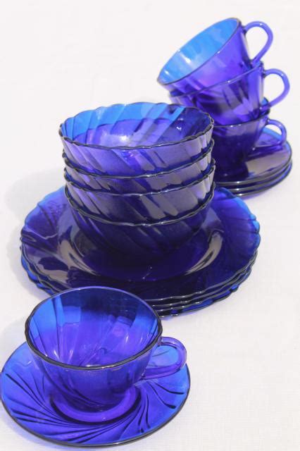 Vintage Cobalt Blue Glass Dishes Set For Four Duralex