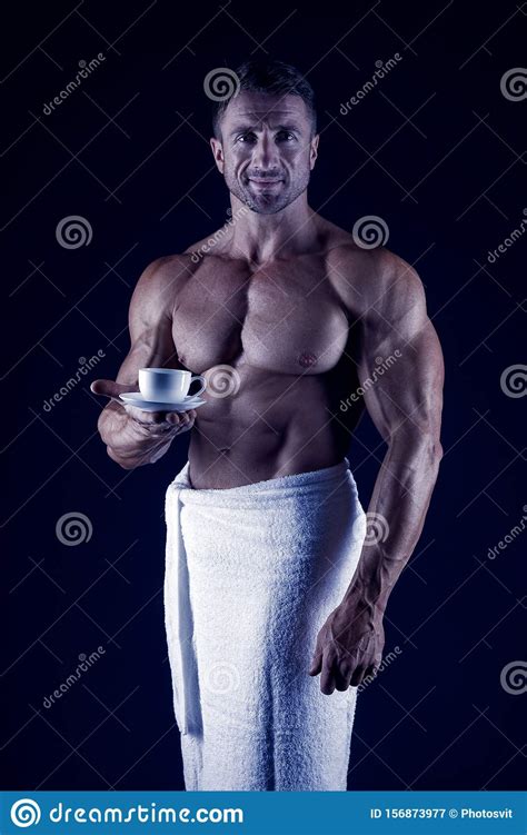 Athlete With Bare Torso Man In Bath Towel Muscular Body Man After
