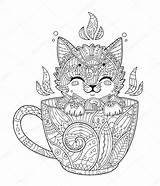 Kitten Cup Adult Stock Illustration Antistress Coloring Depositphotos sketch template