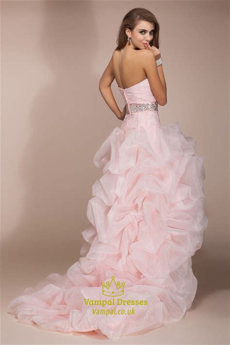 light pink strapless sweetheart high low ruffle prom dress with train