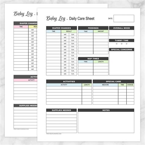 baby log daily infant care sheet  page bundle printable