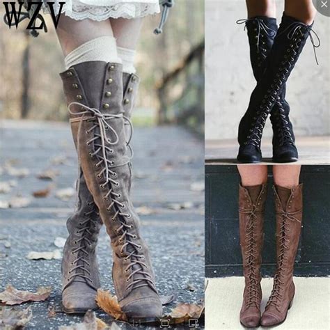 Sexy Cross Tied Over Knee High Boots Women Flats Boots Woman Square