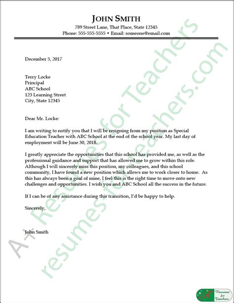 education resignation letter sample  resumes  teachers