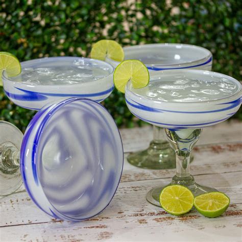 Blue And White Hand Blown Margarita Glasses Set Of 4 Cobalt Breeze