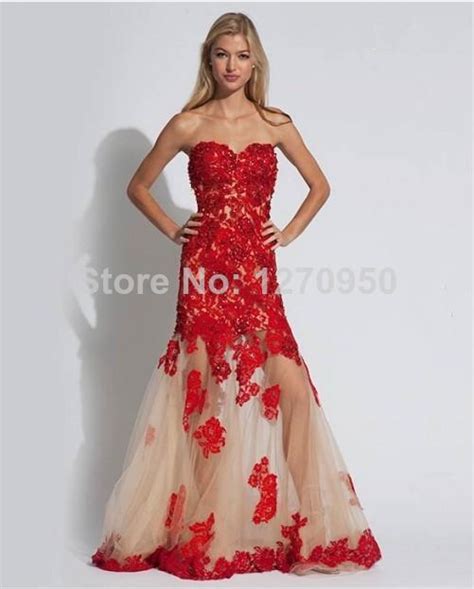sex sweetheart red lace appliques champagne mermaid prom evening