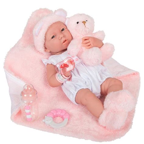 jc toys la newborn  real girl baby doll white outfit teddy bear