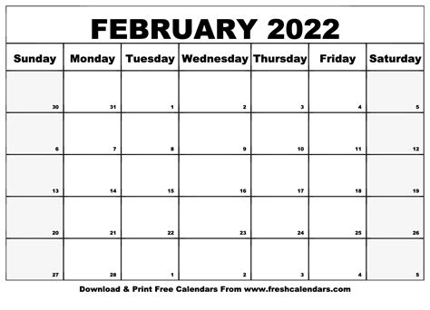 blank printable february  calendars