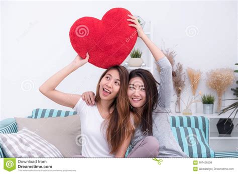 Asia Lesbian Lgbt Couple Holding Red Heart Pillow Together Over Stock