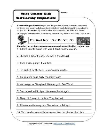 coordinating conjunctions worksheets  answers worksheets master