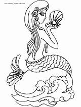 Mermaid Coloring Pages Kids Color Cute Shell Holding Sea sketch template