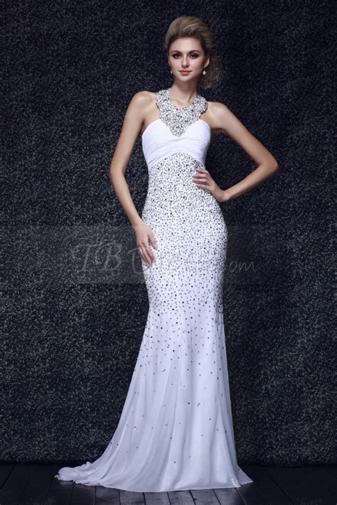 elegant long evening dresses   arrival sequins crystal formal desses white halter evening