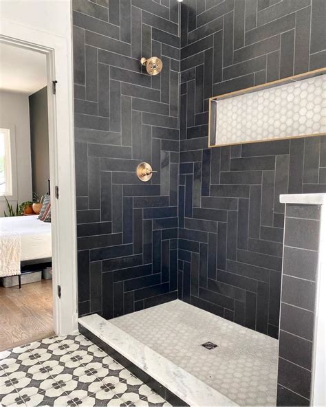 Bathroom With A Black Herringbone Tiled Shower Nashville Tennessee