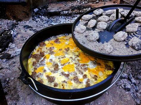 mountain man breakfast casserole cooked  hot coals   dutch oven