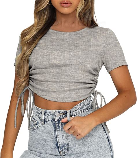 Women S Cute Crop Tops Long Sleeve Drawstring Ruched Bodycon T Shirts
