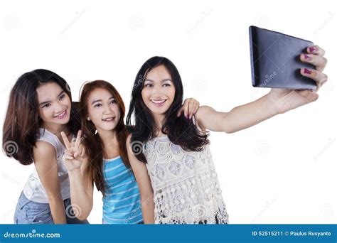 Three Cheerful Girls Taking Selfie Stock Image Image Of Mobile