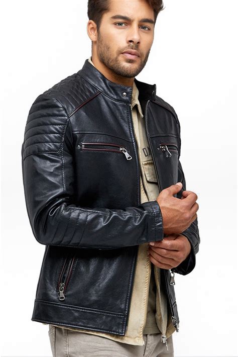 aaron mens  real black leather slimfit jacket